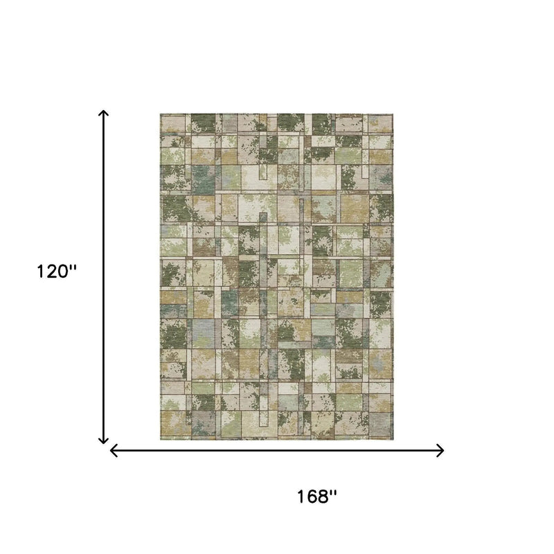 10' X 14' Olive Green And Fern Green Geometric Washable Indoor Outdoor Area Rug Homeroots Outdoor