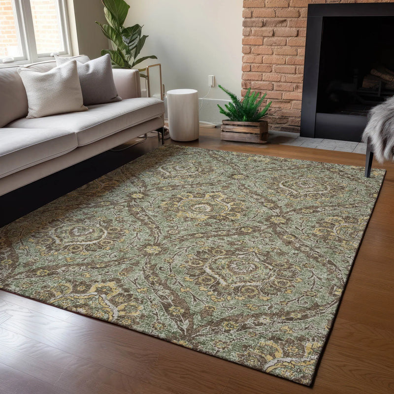 10' X 14' Olive Green And Granite Gray Floral Washable Indoor Outdoor Area Rug Homeroots Outdoor