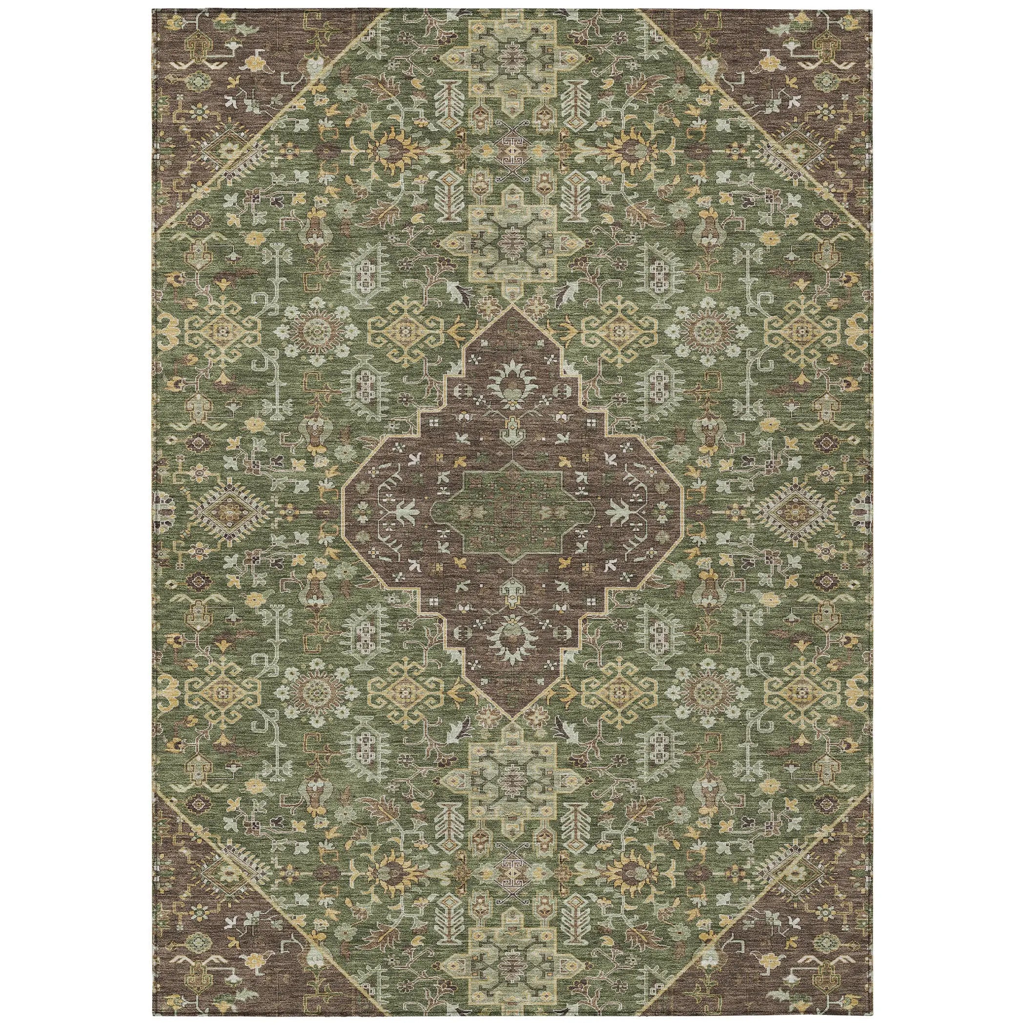 10' X 14' Olive Green And Gray Medallion Washable Indoor Outdoor Area Rug Homeroots Outdoor