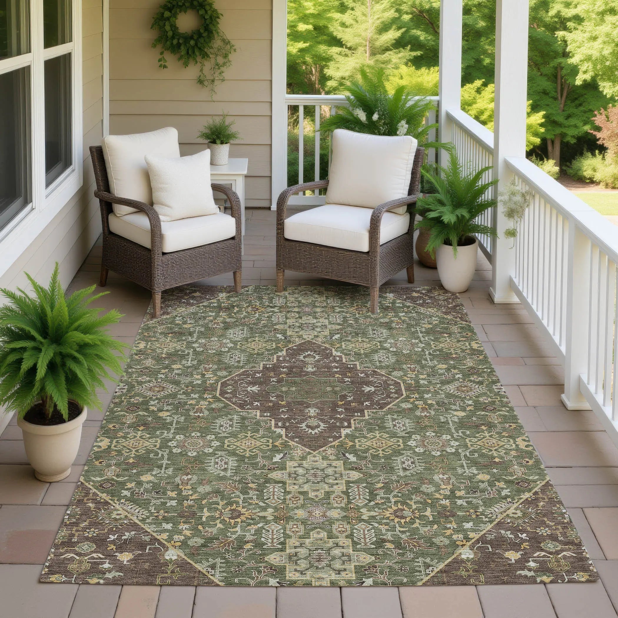 10' X 14' Olive Green And Gray Medallion Washable Indoor Outdoor Area Rug Homeroots Outdoor