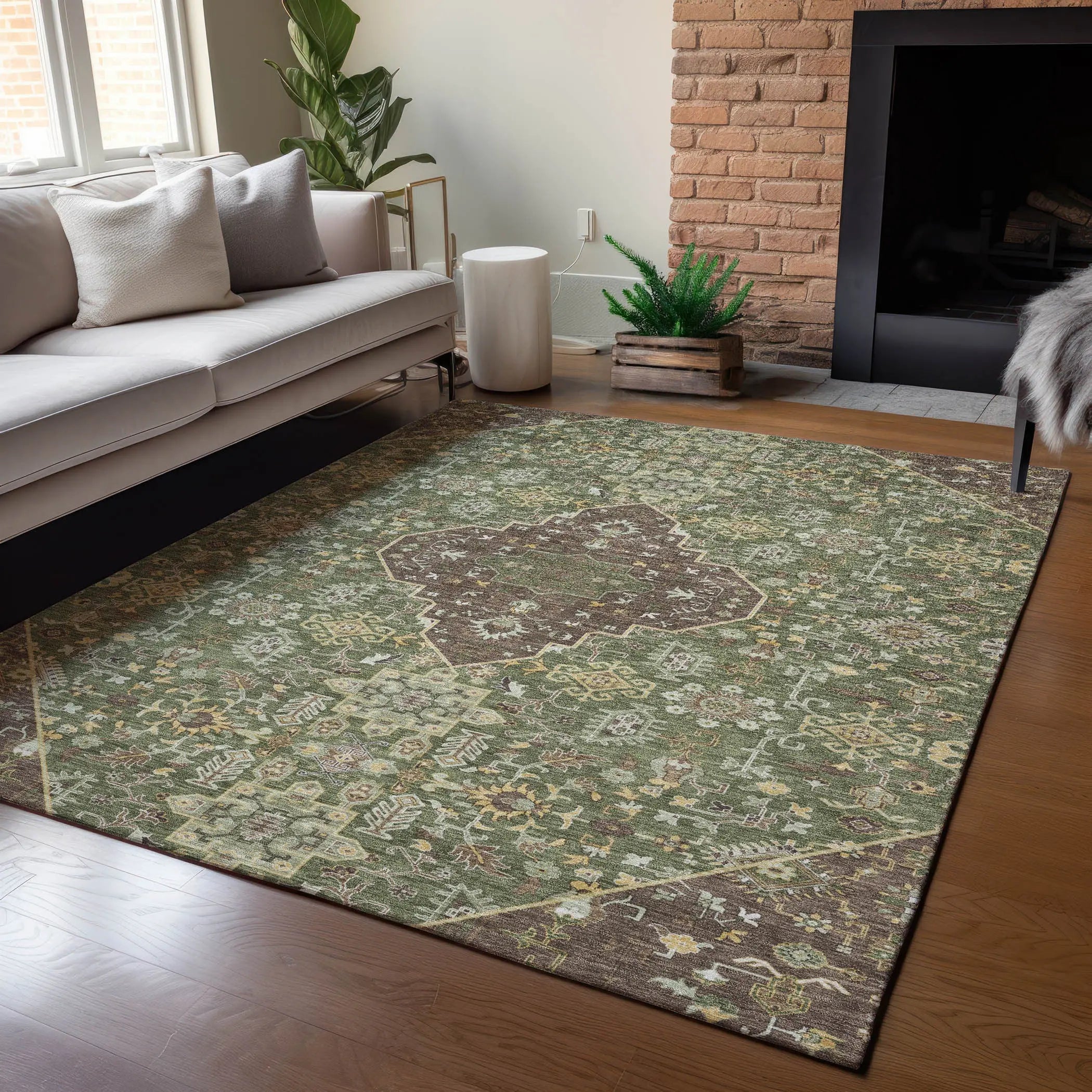 10' X 14' Olive Green And Gray Medallion Washable Indoor Outdoor Area Rug Homeroots Outdoor