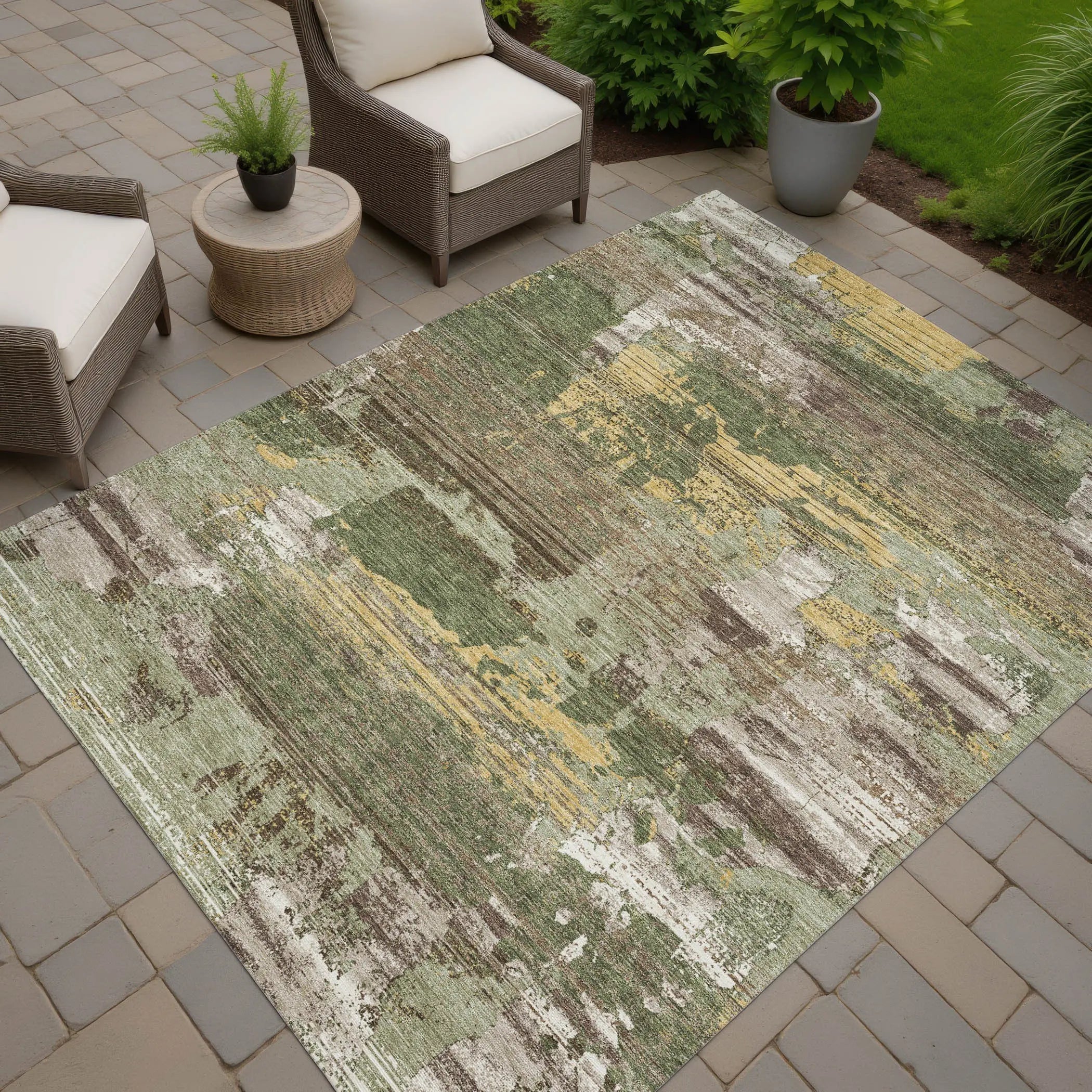 10' X 14' Olive Green And Green Abstract Washable Indoor Outdoor Area Rug Homeroots Outdoor