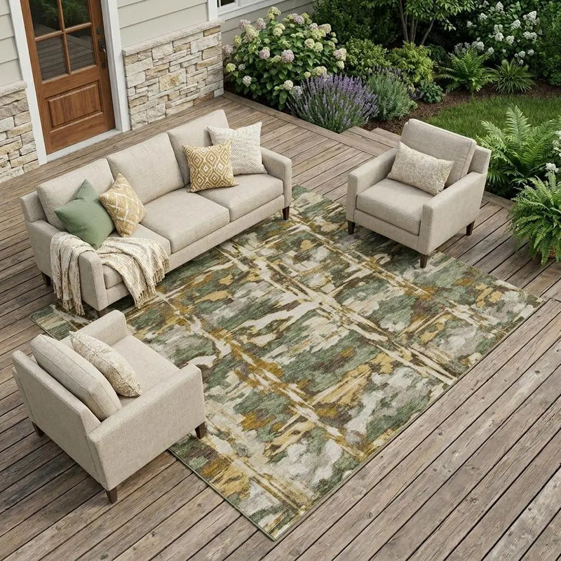 10' X 14' Olive Green And Green Abstract Washable Indoor Outdoor Area Rug Homeroots Outdoor