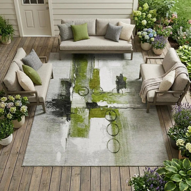 10' X 14' Olive Green And Green Abstract Washable Indoor Outdoor Area Rug Homeroots Outdoor