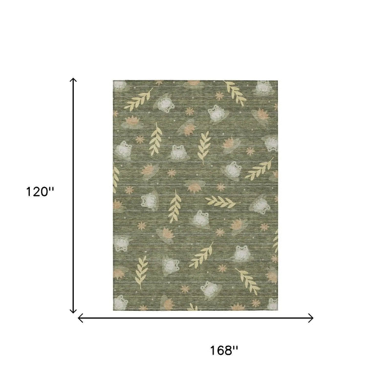 10' X 14' Olive Green And Green Botanical Leaves Washable Indoor Outdoor Area Rug Homeroots Outdoor