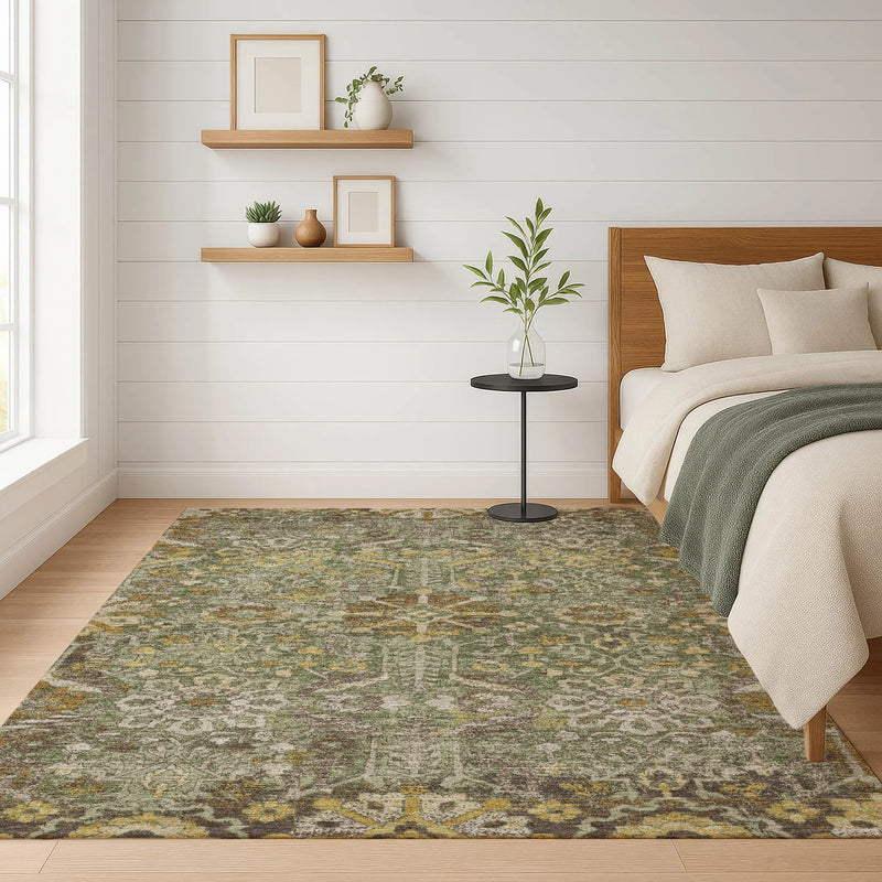 10' X 14' Olive Green And Green Damask Washable Indoor Outdoor Area Rug Homeroots Outdoor