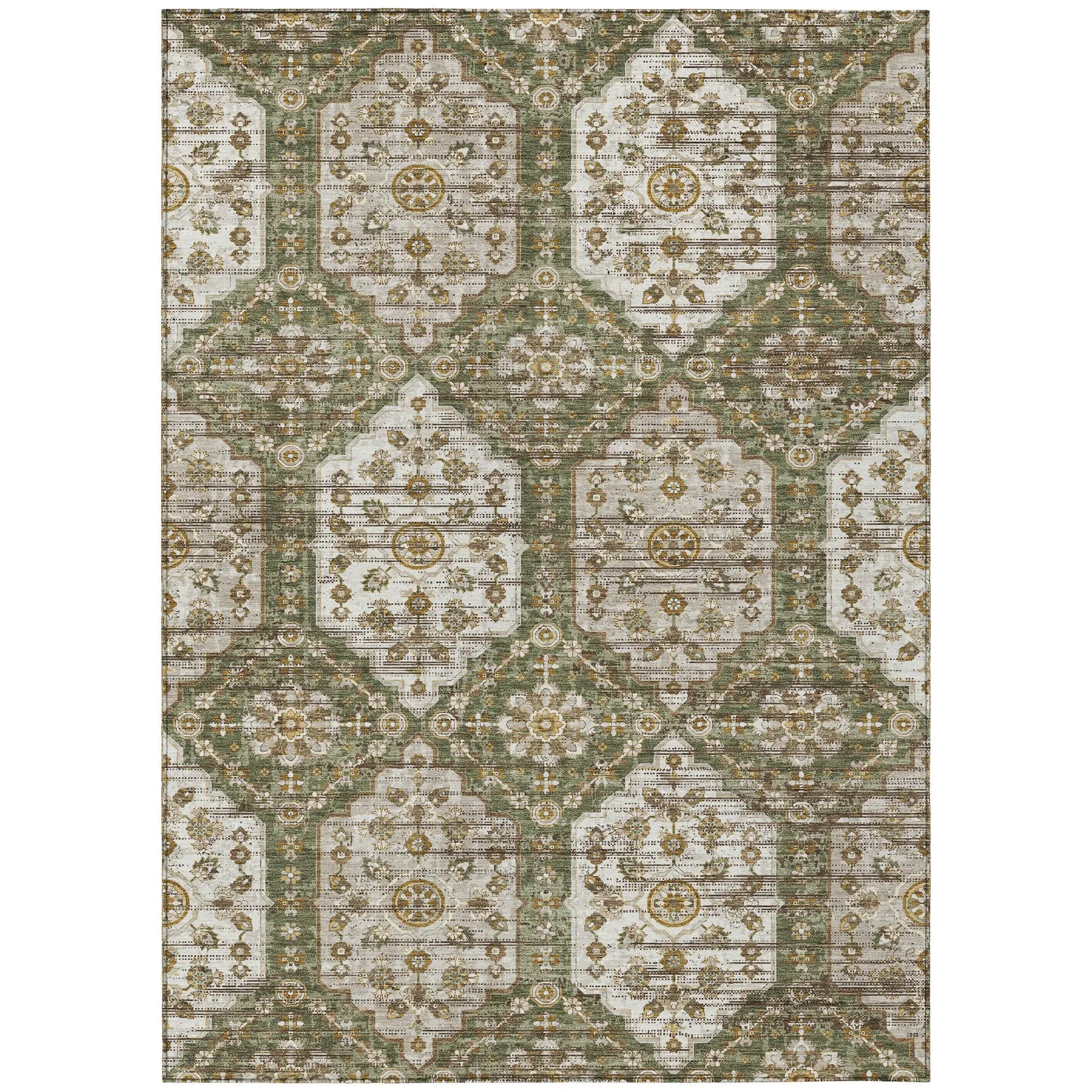 10' X 14' Olive Green And Green Damask Washable Indoor Outdoor Area Rug Homeroots Outdoor