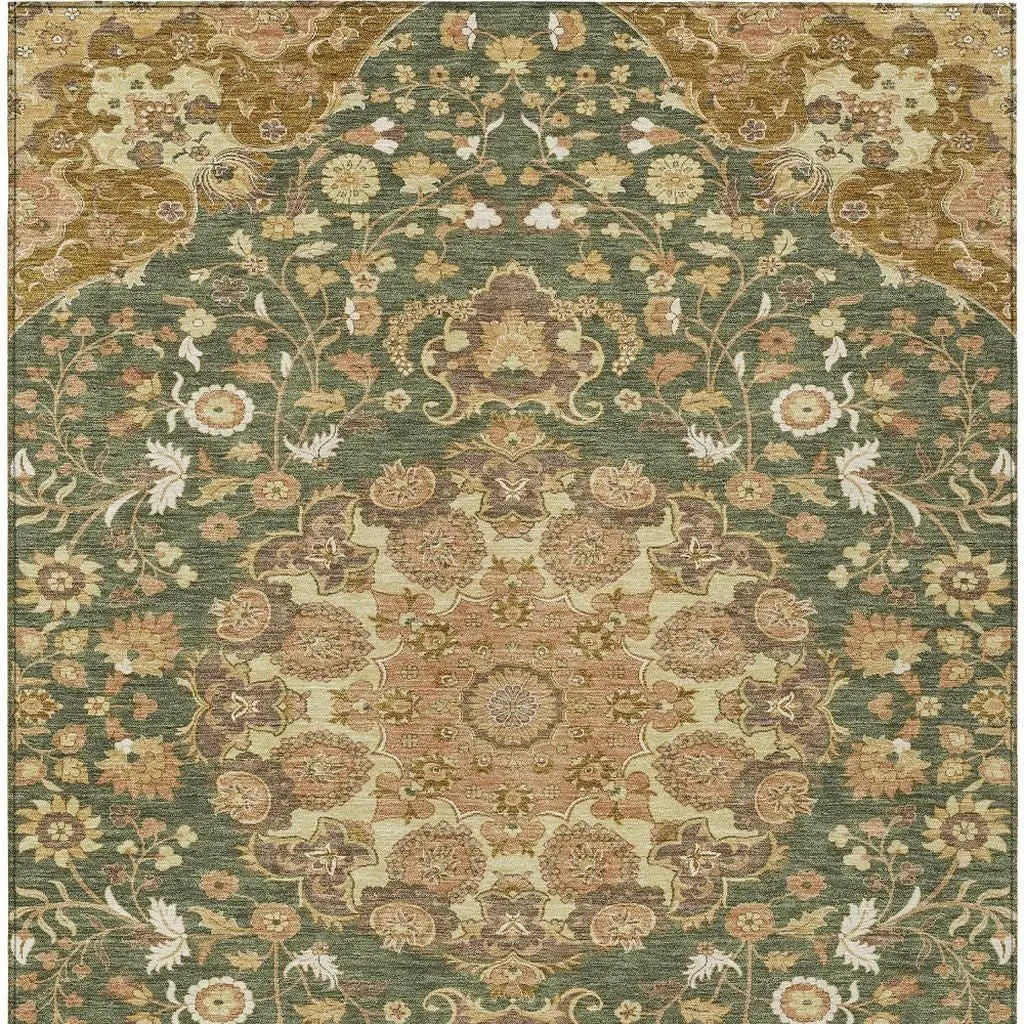 10' X 14' Olive Green And Green Damask Washable Indoor Outdoor Area Rug Homeroots Outdoor