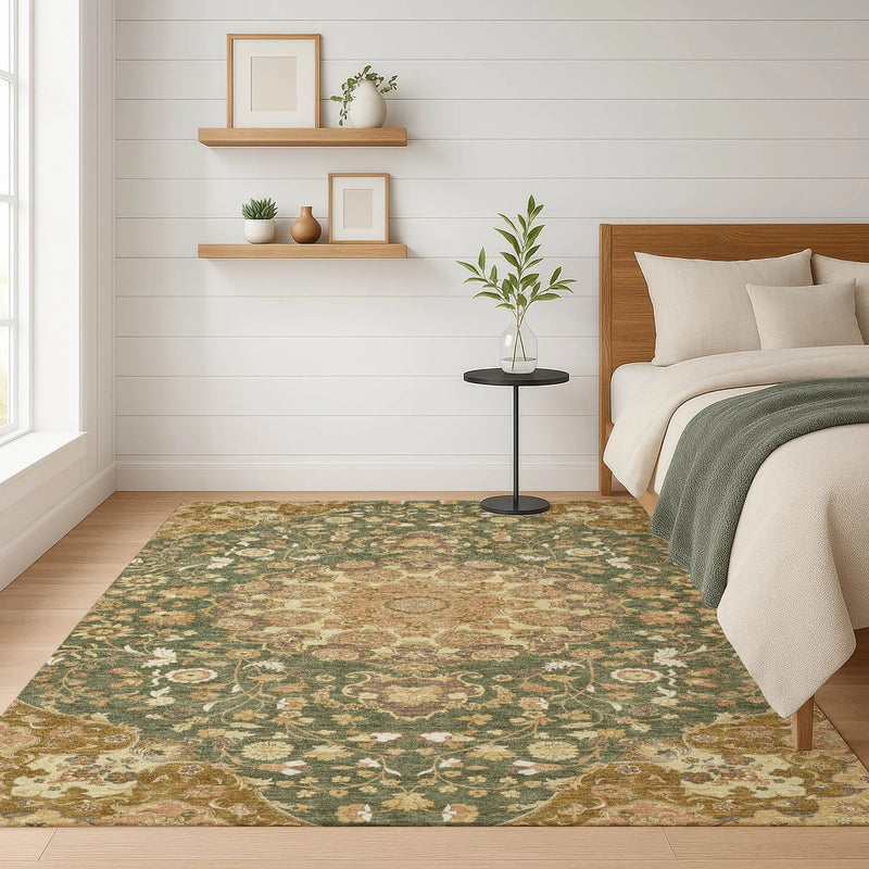 10' X 14' Olive Green And Green Damask Washable Indoor Outdoor Area Rug Homeroots Outdoor