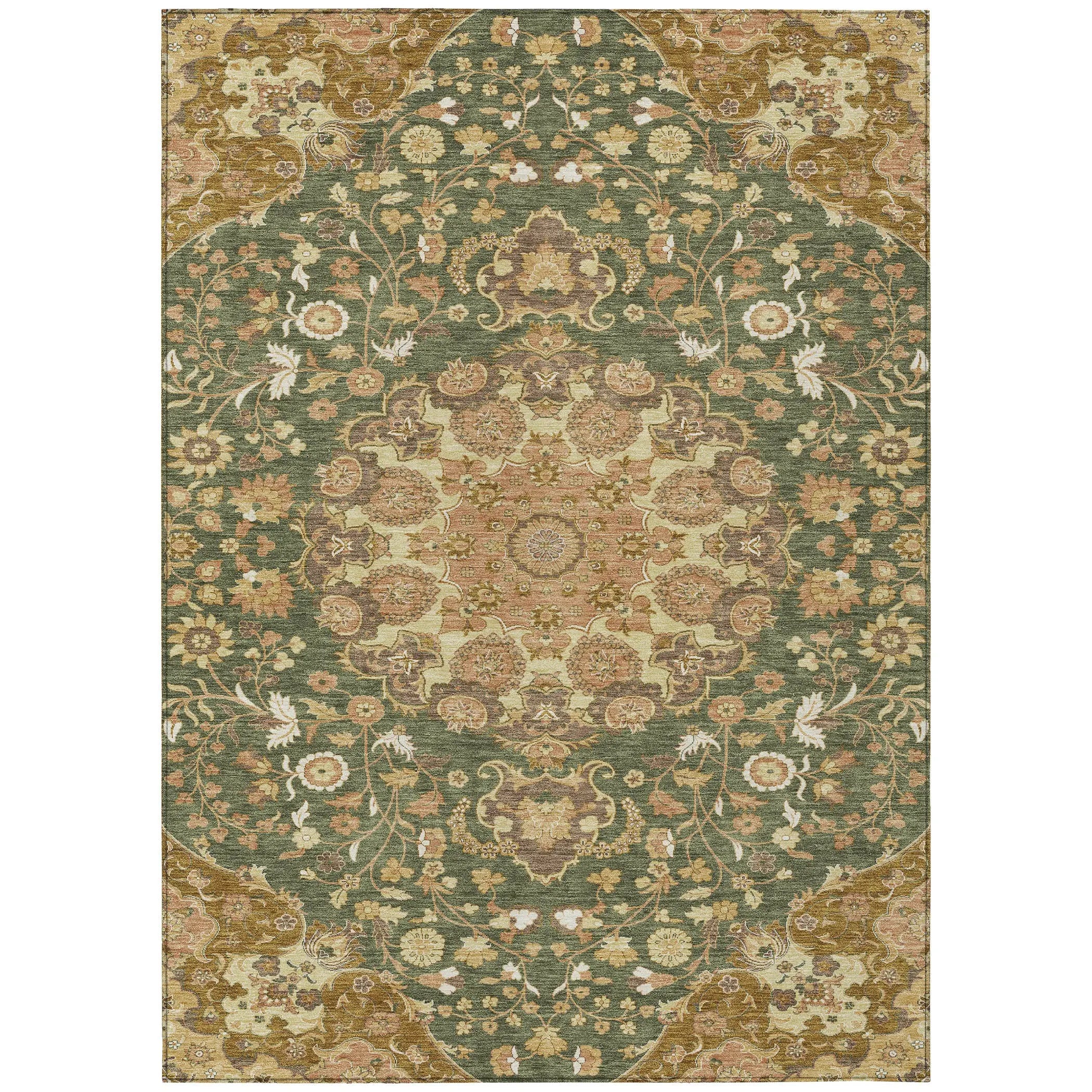10' X 14' Olive Green And Green Damask Washable Indoor Outdoor Area Rug Homeroots Outdoor
