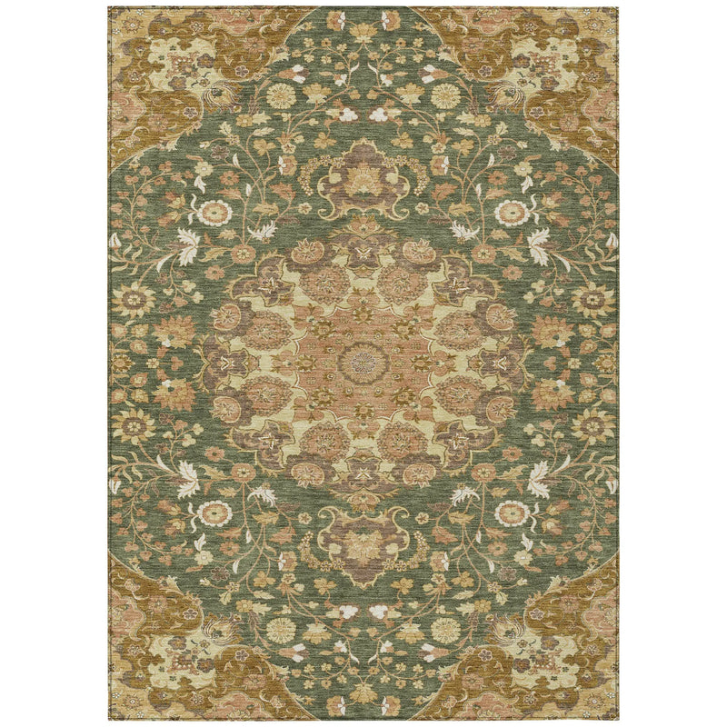 10' X 14' Olive Green And Green Damask Washable Indoor Outdoor Area Rug Homeroots Outdoor