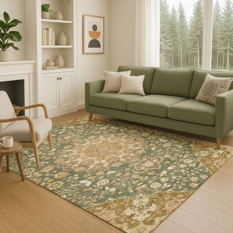 10' X 14' Olive Green And Green Damask Washable Indoor Outdoor Area Rug Homeroots Outdoor