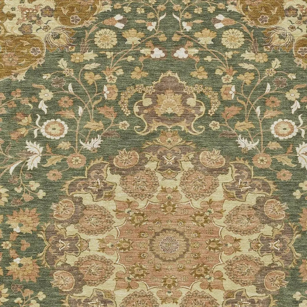 10' X 14' Olive Green And Green Damask Washable Indoor Outdoor Area Rug Homeroots Outdoor