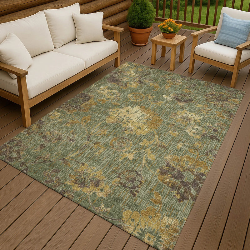 10' X 14' Olive Green And Green Floral Washable Indoor Outdoor Area Rug Homeroots Outdoor