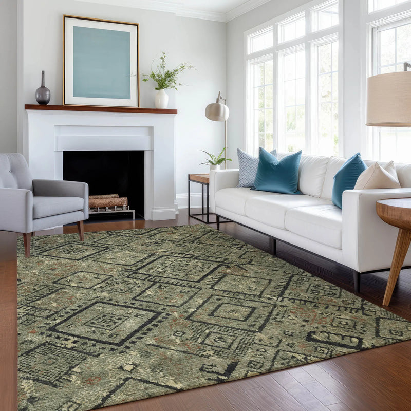 10' X 14' Olive Green And Green Geometric Washable Indoor Outdoor Area Rug Homeroots Outdoor