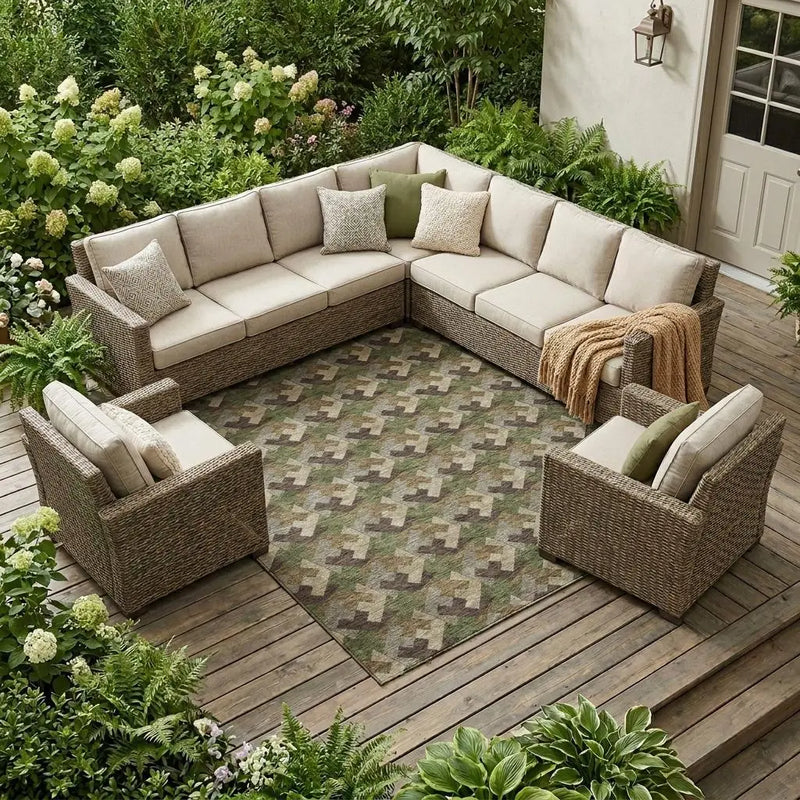 10' X 14' Olive Green And Green Geometric Washable Indoor Outdoor Area Rug Homeroots Outdoor