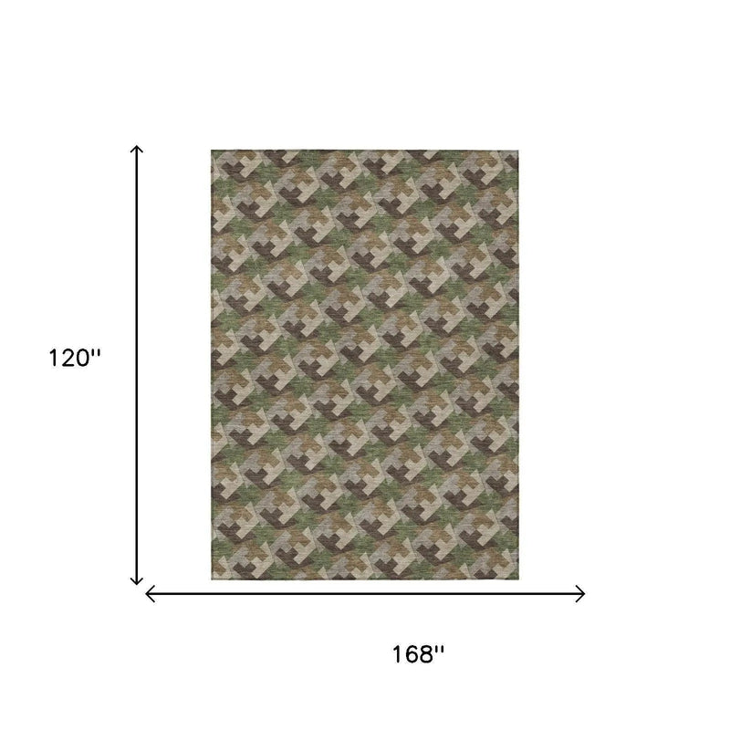 10' X 14' Olive Green And Green Geometric Washable Indoor Outdoor Area Rug Homeroots Outdoor