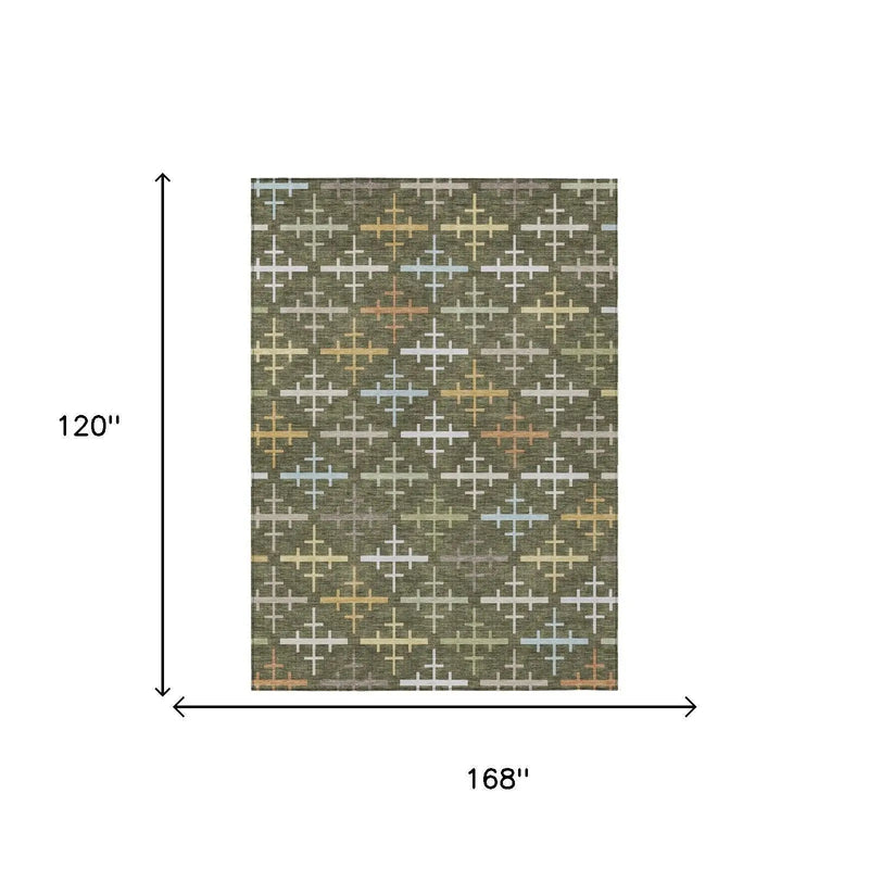 10' X 14' Olive Green And Green Geometric Washable Indoor Outdoor Area Rug Homeroots Outdoor