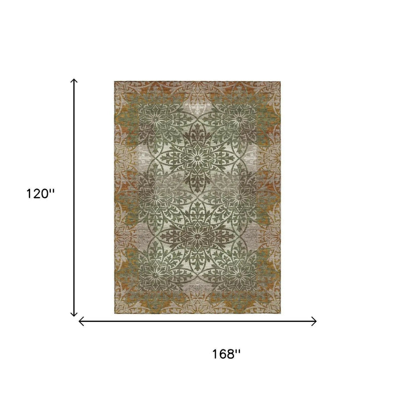10' X 14' Olive Green And Green Oriental Washable Indoor Outdoor Area Rug Homeroots Outdoor