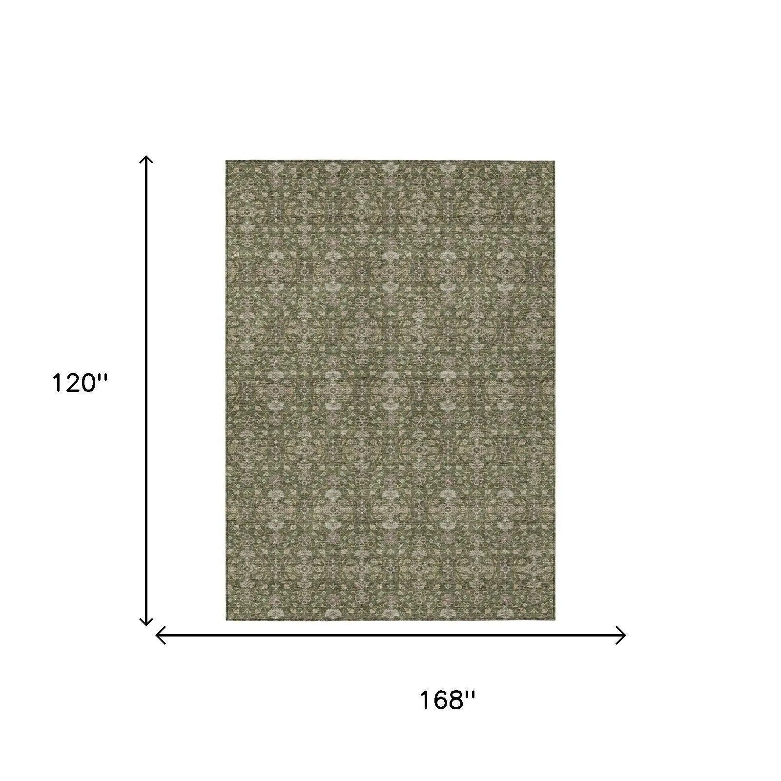 10' X 14' Olive Green And Green Oriental Washable Indoor Outdoor Area Rug Homeroots Outdoor