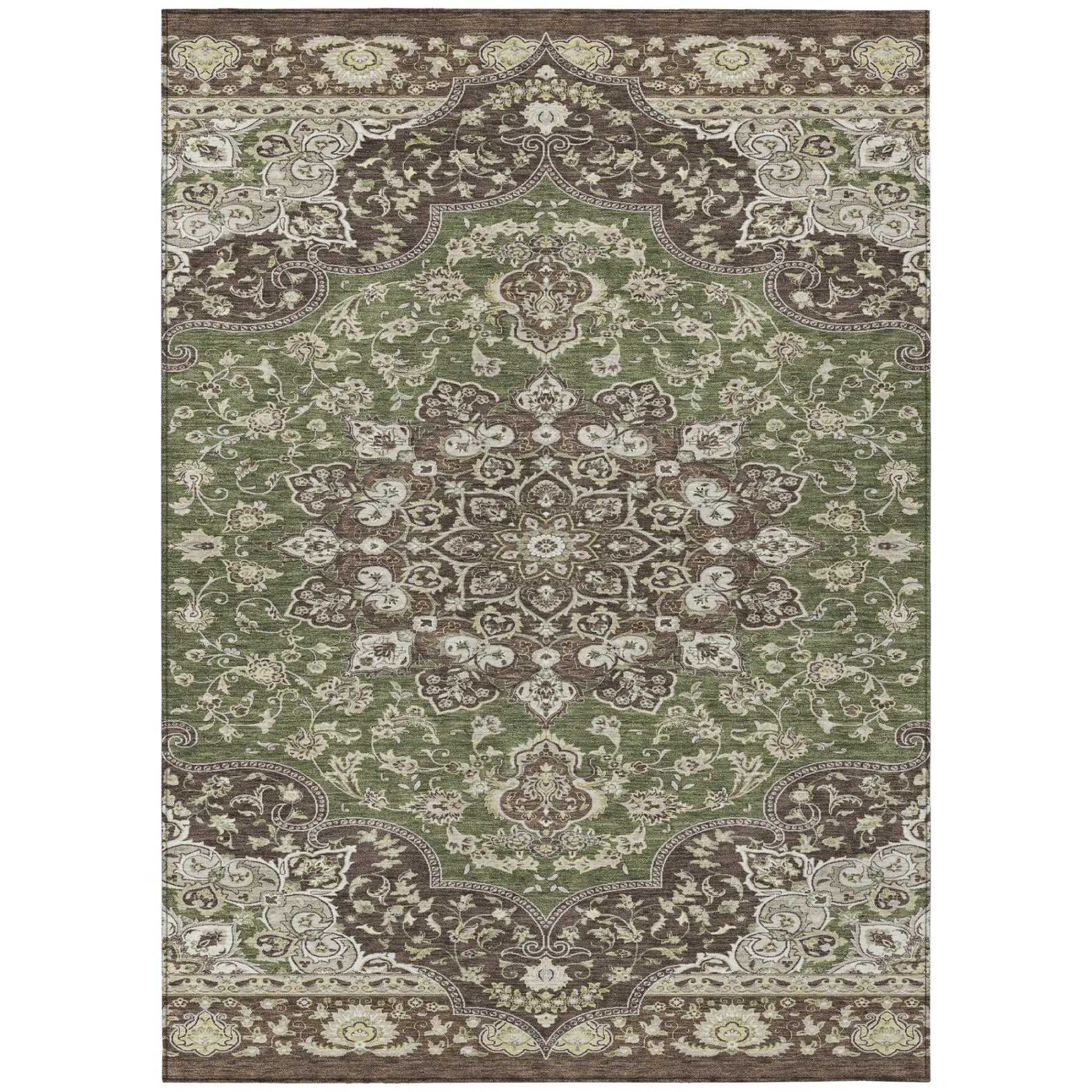 10' X 14' Olive Green And Green Oriental Washable Indoor Outdoor Area Rug Homeroots Outdoor