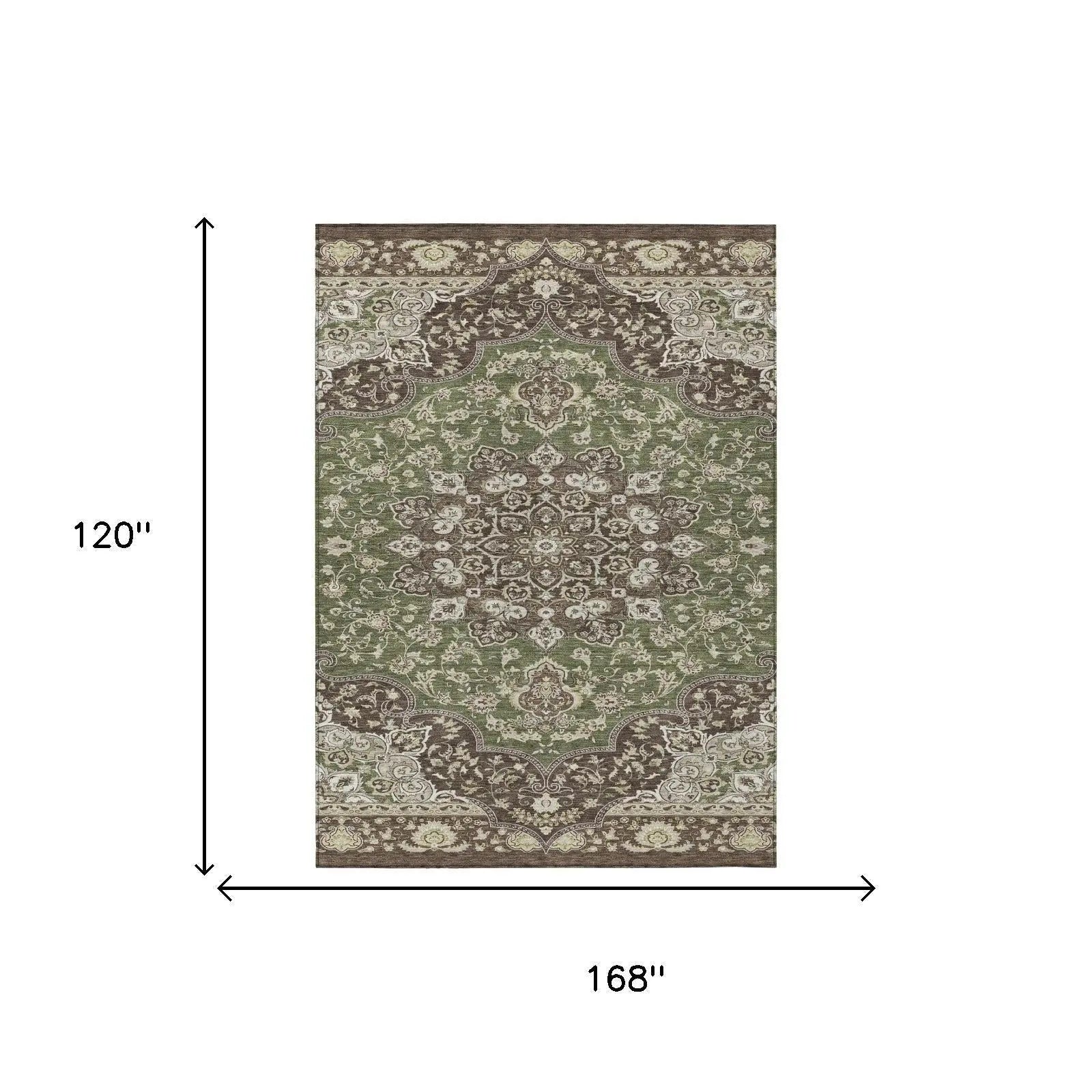 10' X 14' Olive Green And Green Oriental Washable Indoor Outdoor Area Rug Homeroots Outdoor