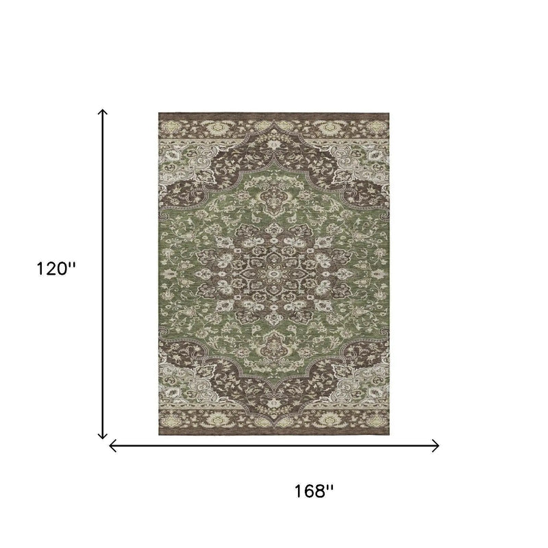10' X 14' Olive Green And Green Oriental Washable Indoor Outdoor Area Rug Homeroots Outdoor