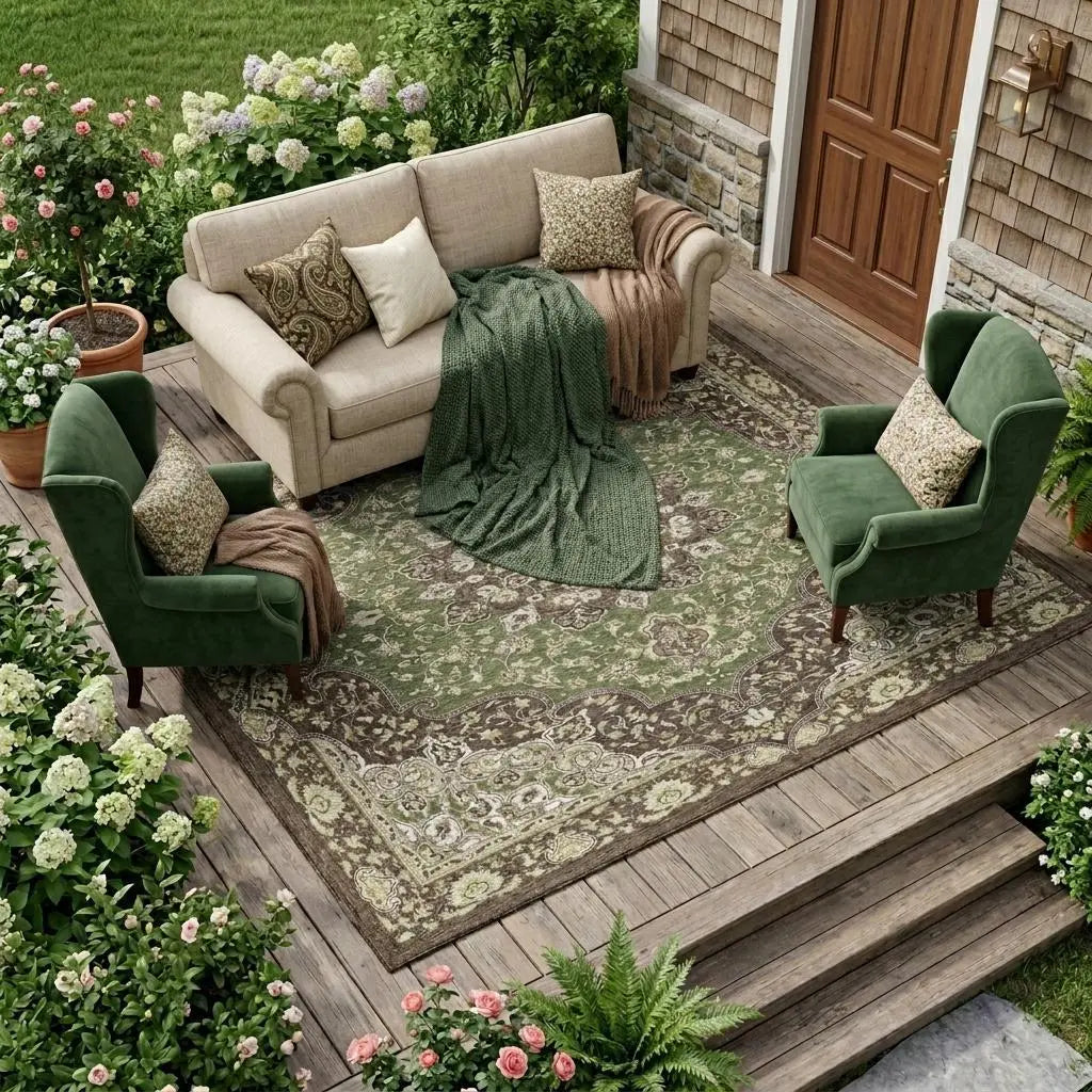10' X 14' Olive Green And Green Oriental Washable Indoor Outdoor Area Rug Homeroots Outdoor