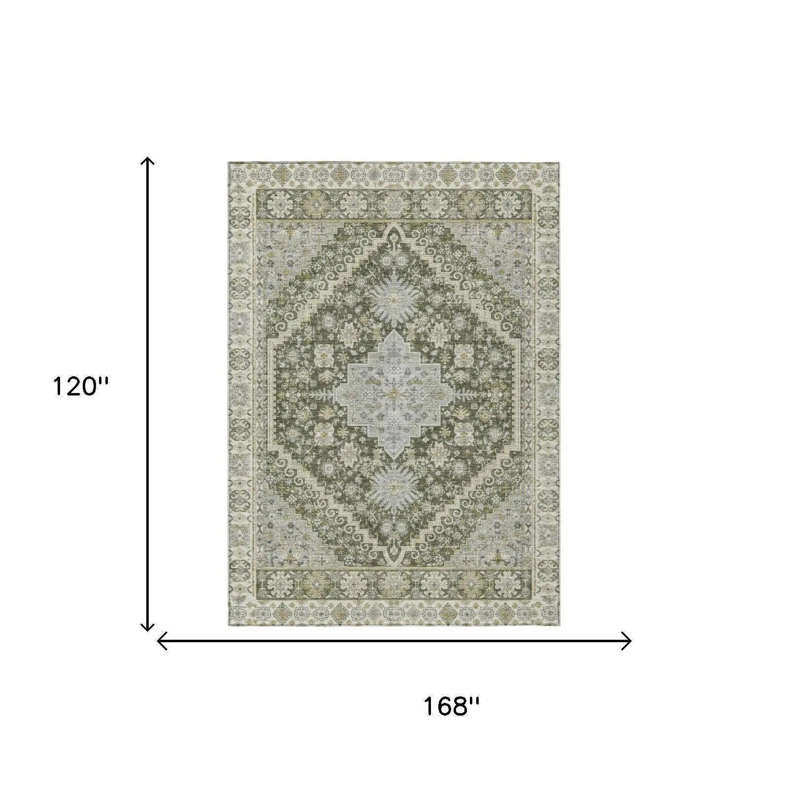 10' X 14' Olive Green And Green Oriental Washable Indoor Outdoor Area Rug Homeroots Outdoor