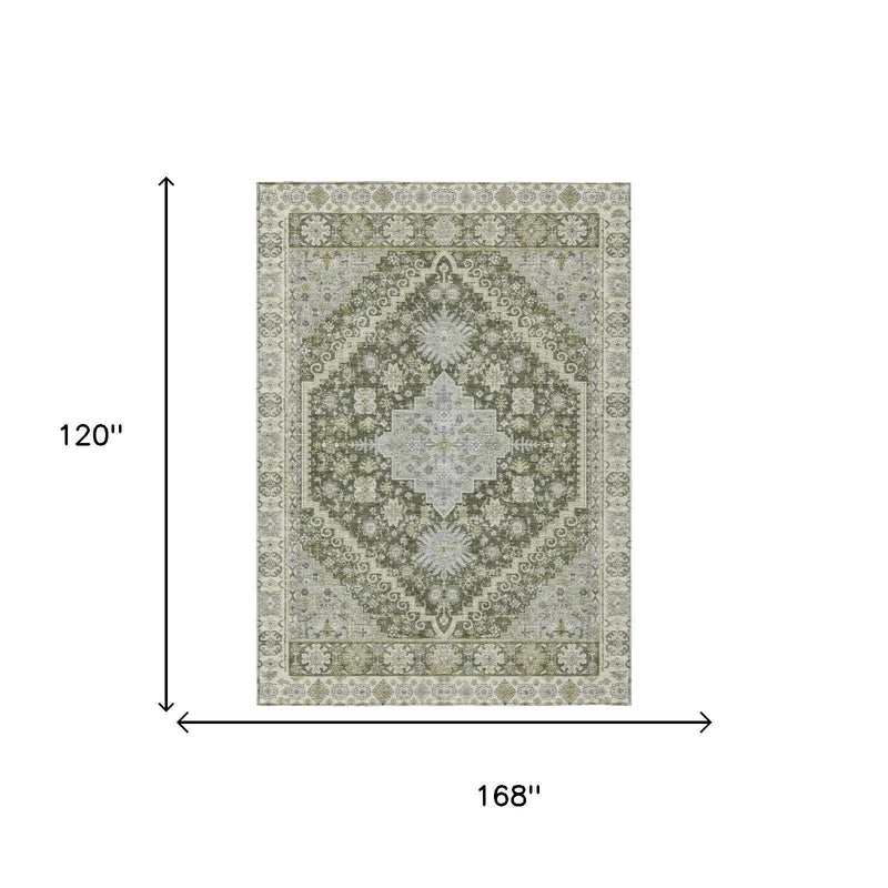 10' X 14' Olive Green And Green Oriental Washable Indoor Outdoor Area Rug Homeroots Outdoor