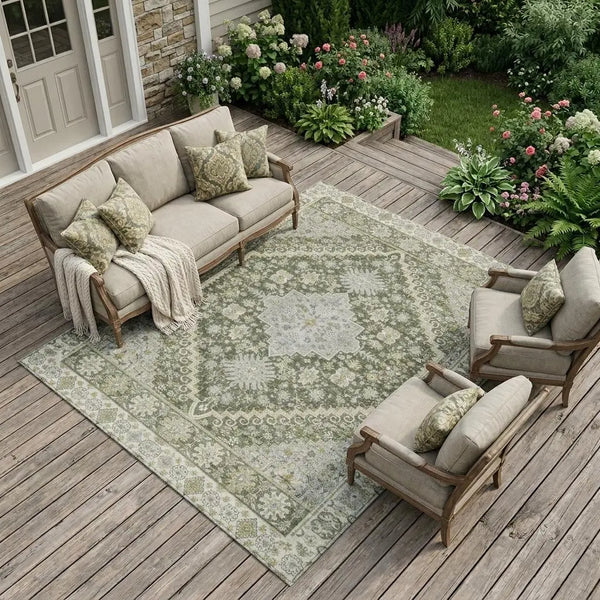 10' X 14' Olive Green And Green Oriental Washable Indoor Outdoor Area Rug Homeroots Outdoor