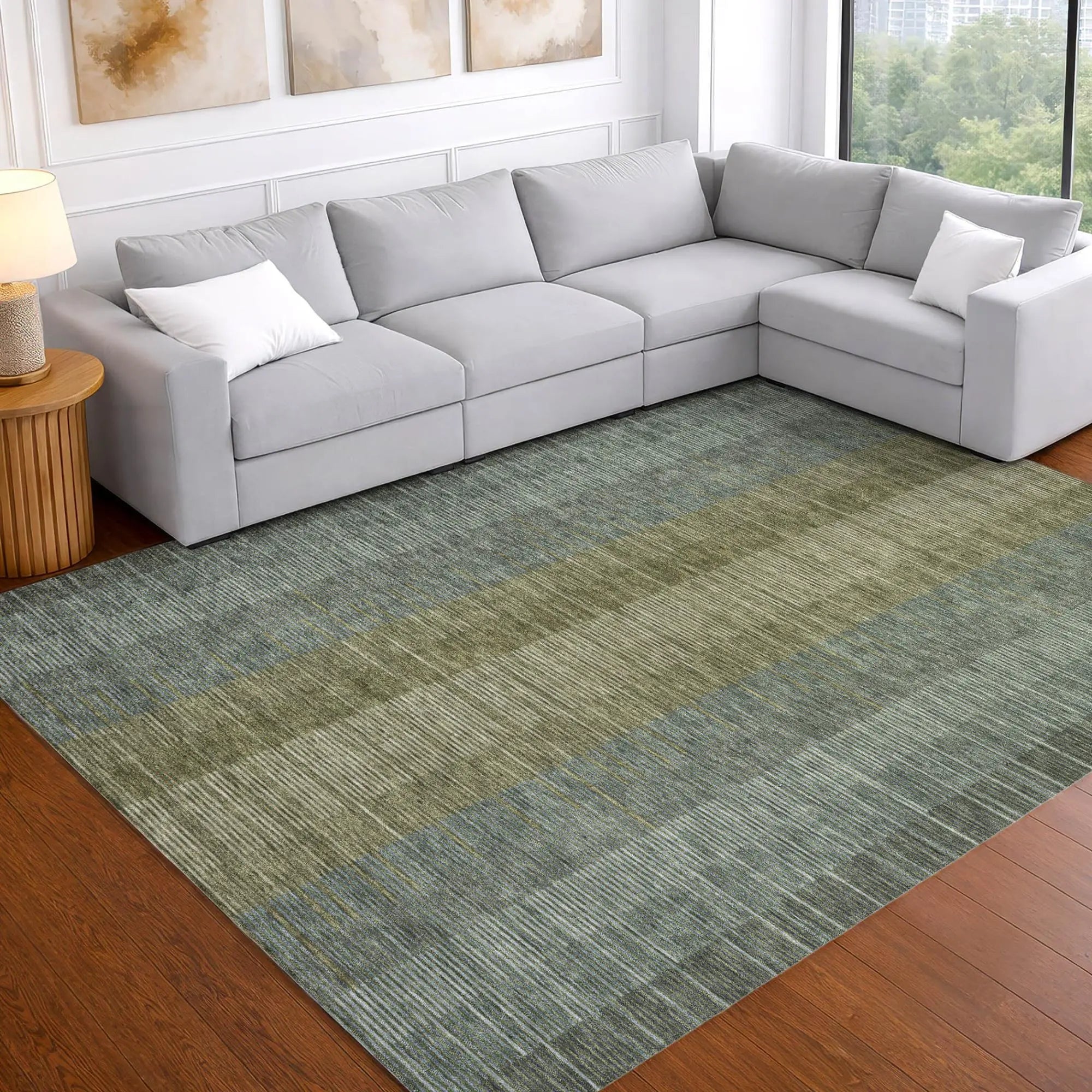 10' X 14' Olive Green And Green Striped Washable Indoor Outdoor Area Rug Homeroots Outdoor