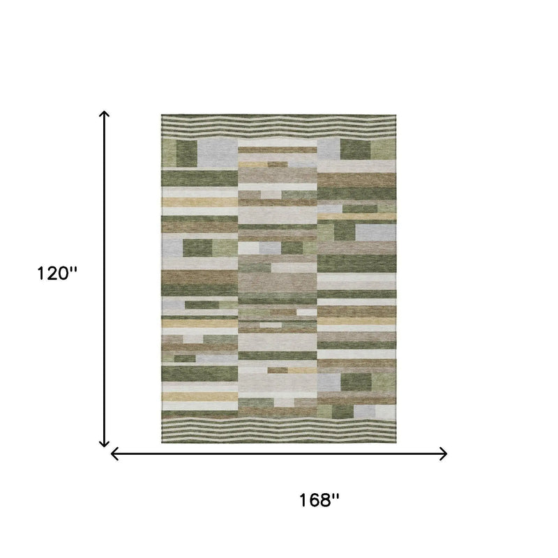 10' X 14' Olive Green And Green Striped Washable Indoor Outdoor Area Rug Homeroots Outdoor