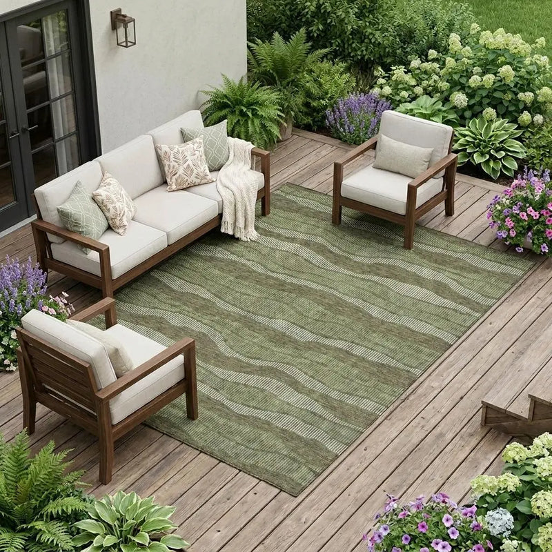 10' X 14' Olive Green And Green Striped Washable Indoor Outdoor Area Rug Homeroots Outdoor