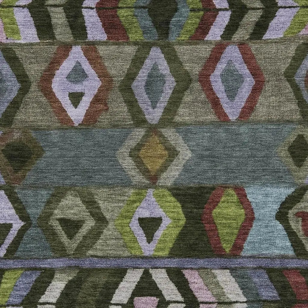 10' X 14' Olive Green And Green Tribal Washable Indoor Outdoor Area Rug Homeroots Outdoor