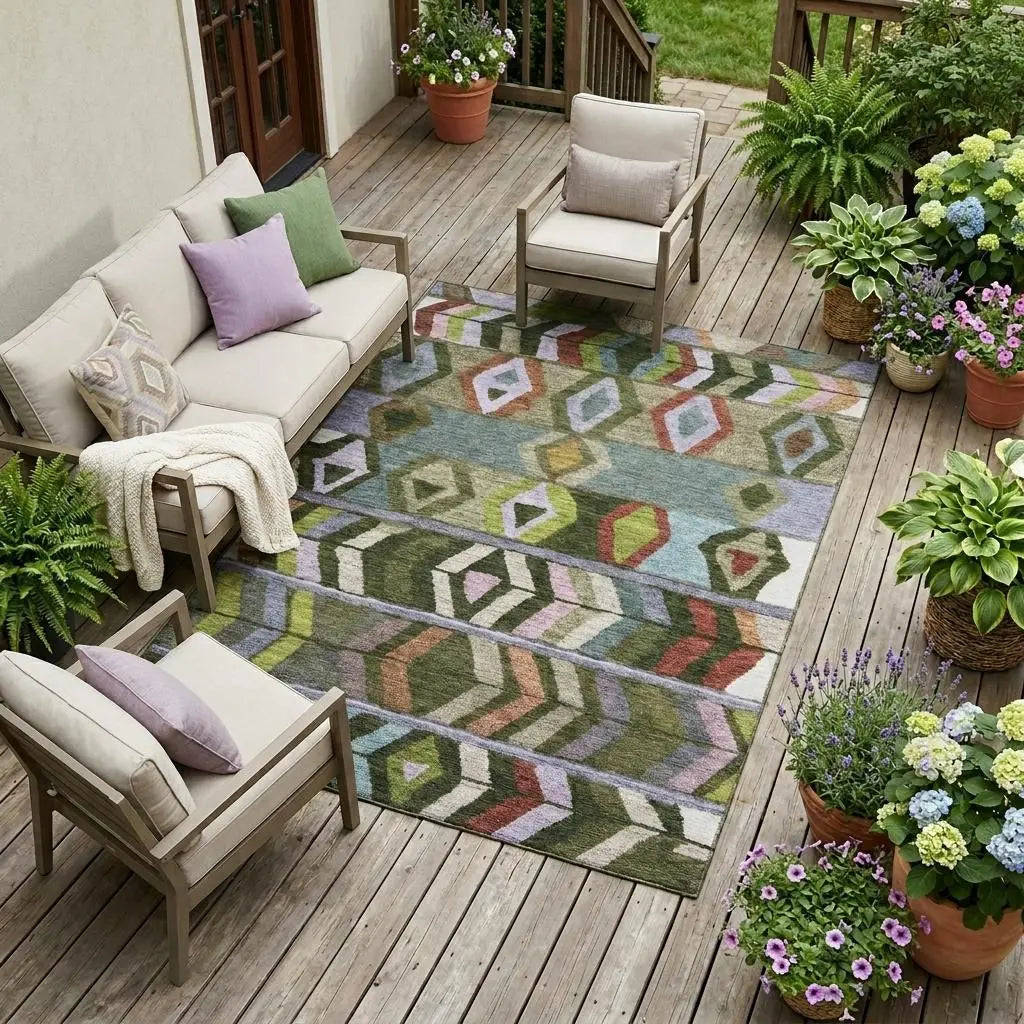 10' X 14' Olive Green And Green Tribal Washable Indoor Outdoor Area Rug Homeroots Outdoor