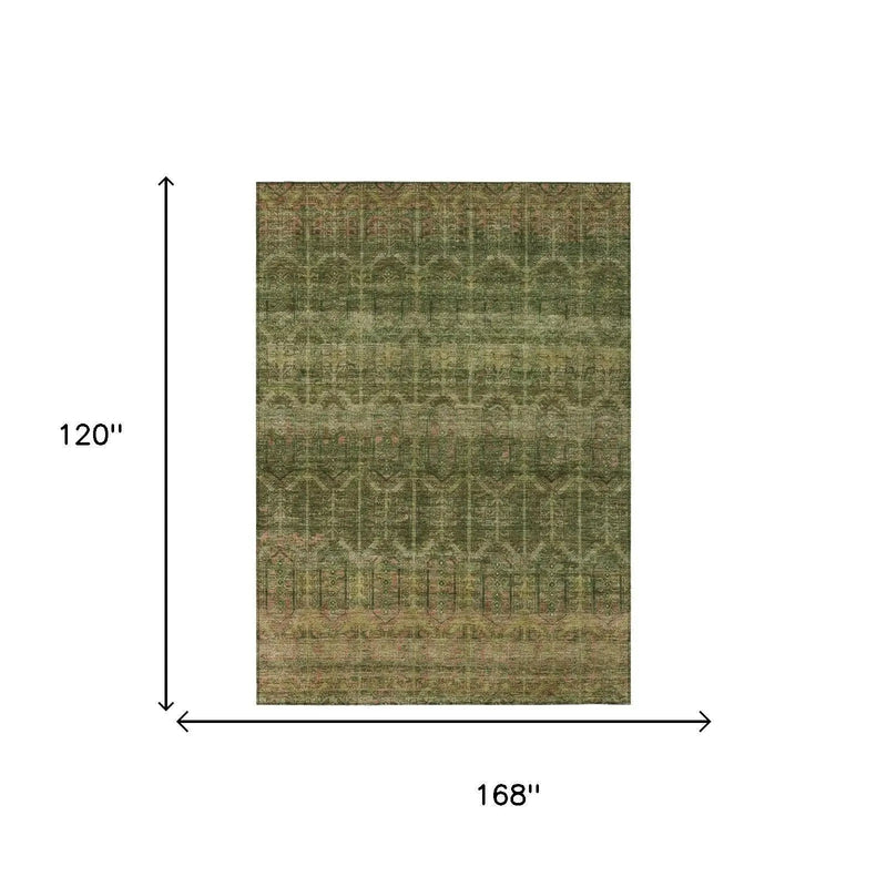 10' X 14' Olive Green And Green Tribal Washable Indoor Outdoor Area Rug Homeroots Outdoor