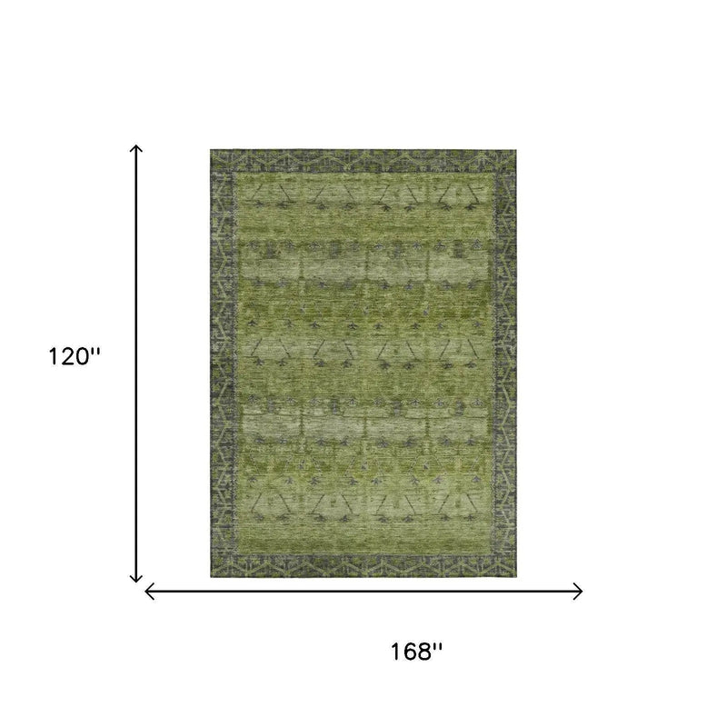 10' X 14' Olive Green And Green Tribal Washable Indoor Outdoor Area Rug Homeroots Outdoor