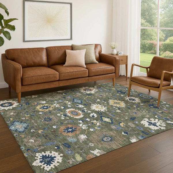 10' X 14' Olive Green And Ivory Floral Medallion Washable Indoor Outdoor Area Rug Homeroots Outdoor