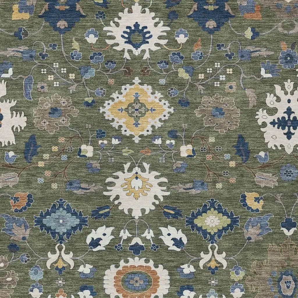 10' X 14' Olive Green And Ivory Floral Medallion Washable Indoor Outdoor Area Rug Homeroots Outdoor