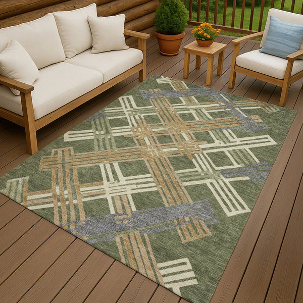 10' X 14' Olive Green And Ivory Geometric Washable Indoor Outdoor Area Rug Homeroots Outdoor