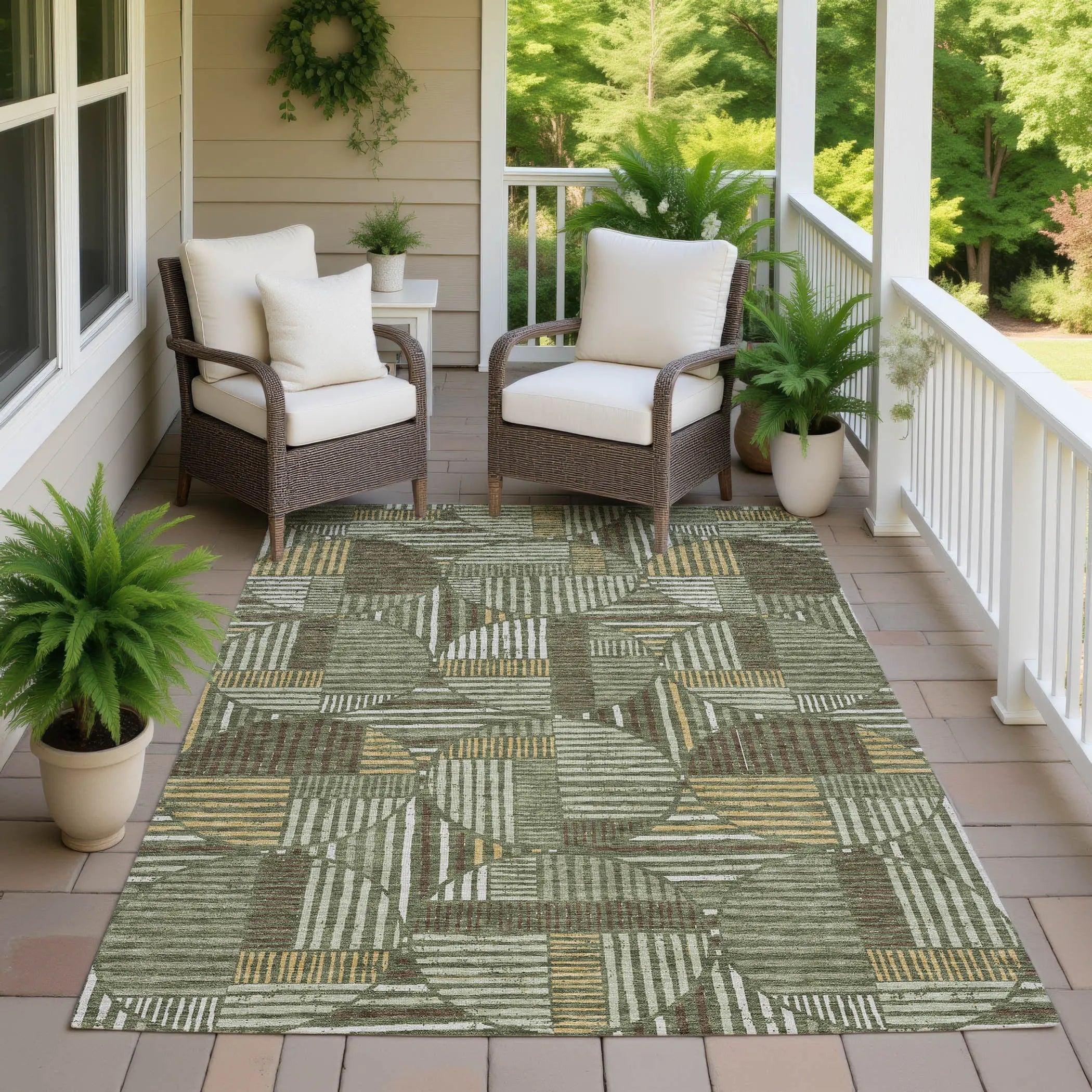 10' X 14' Olive Green And Khaki Geometric Washable Indoor Outdoor Area Rug Homeroots Outdoor