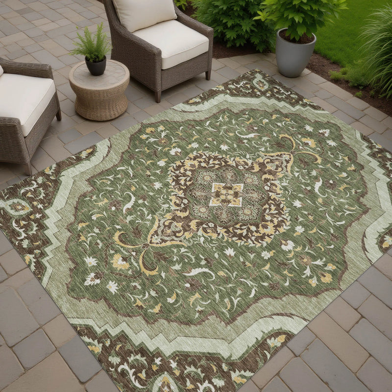 10' X 14' Olive Green And Taupe Medallion Washable Indoor Outdoor Area Rug Homeroots Outdoor
