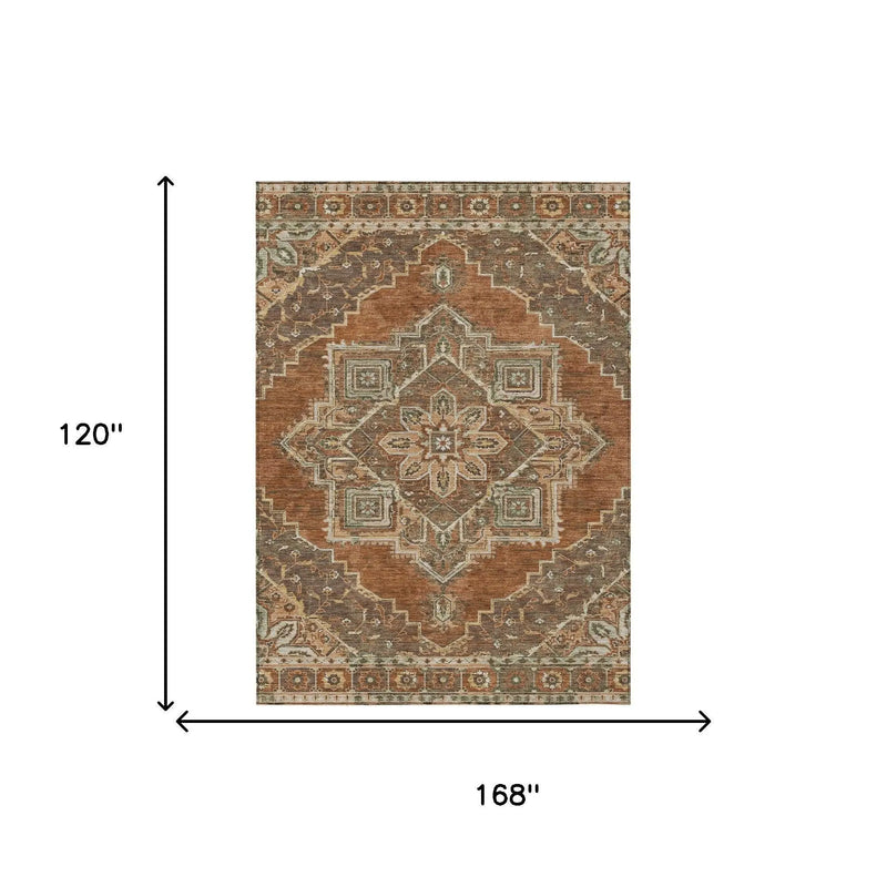 10' X 14' Orange And Aqua Oriental Washable Indoor Outdoor Area Rug Homeroots Outdoor