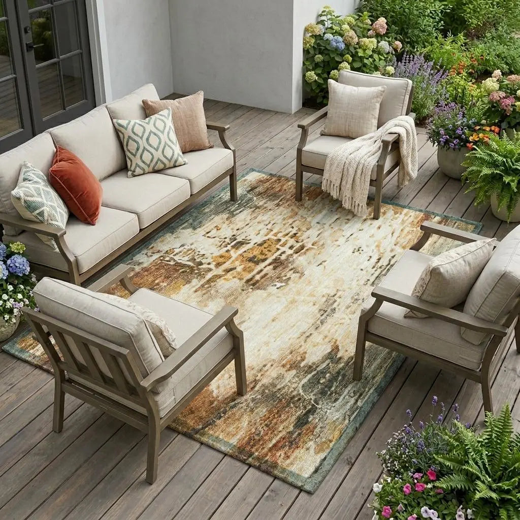 10' X 14' Orange And Beige Abstract Washable Indoor Outdoor Area Rug Homeroots Outdoor