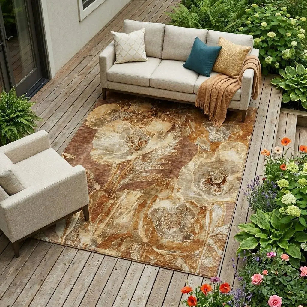 10' X 14' Orange And Beige Floral Washable Indoor Outdoor Area Rug Homeroots Outdoor