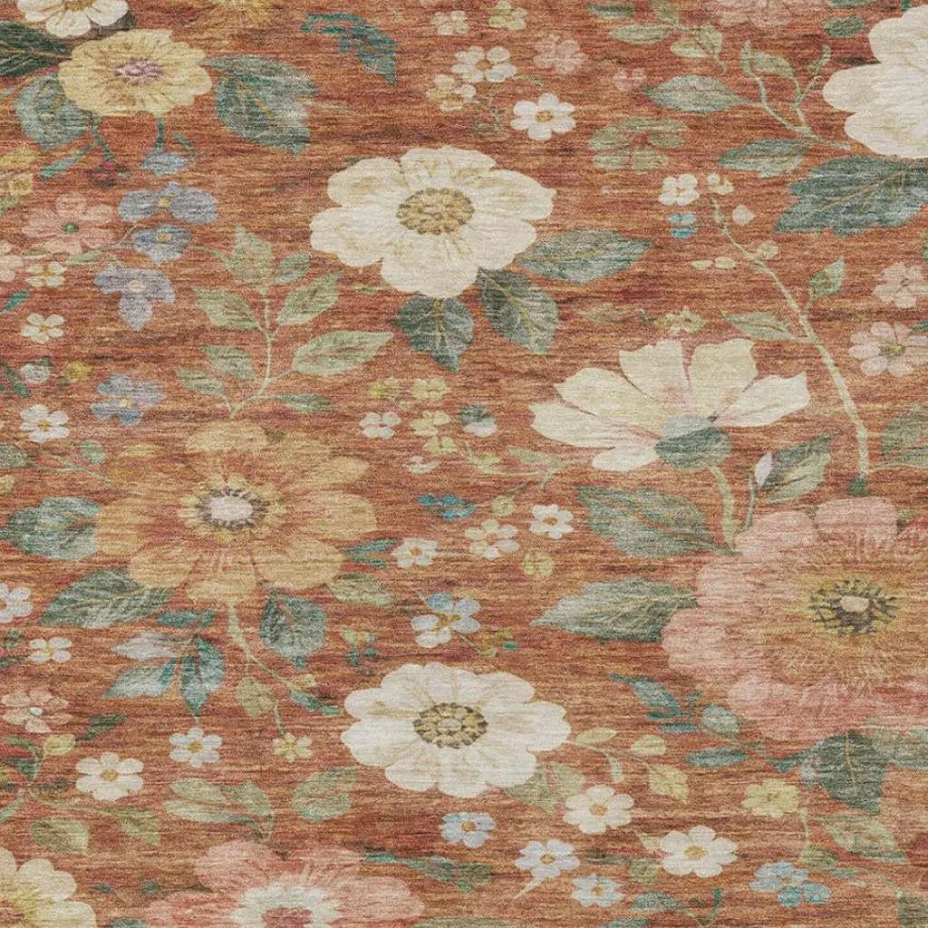 10' X 14' Orange And Beige Floral Washable Indoor Outdoor Area Rug Homeroots Outdoor