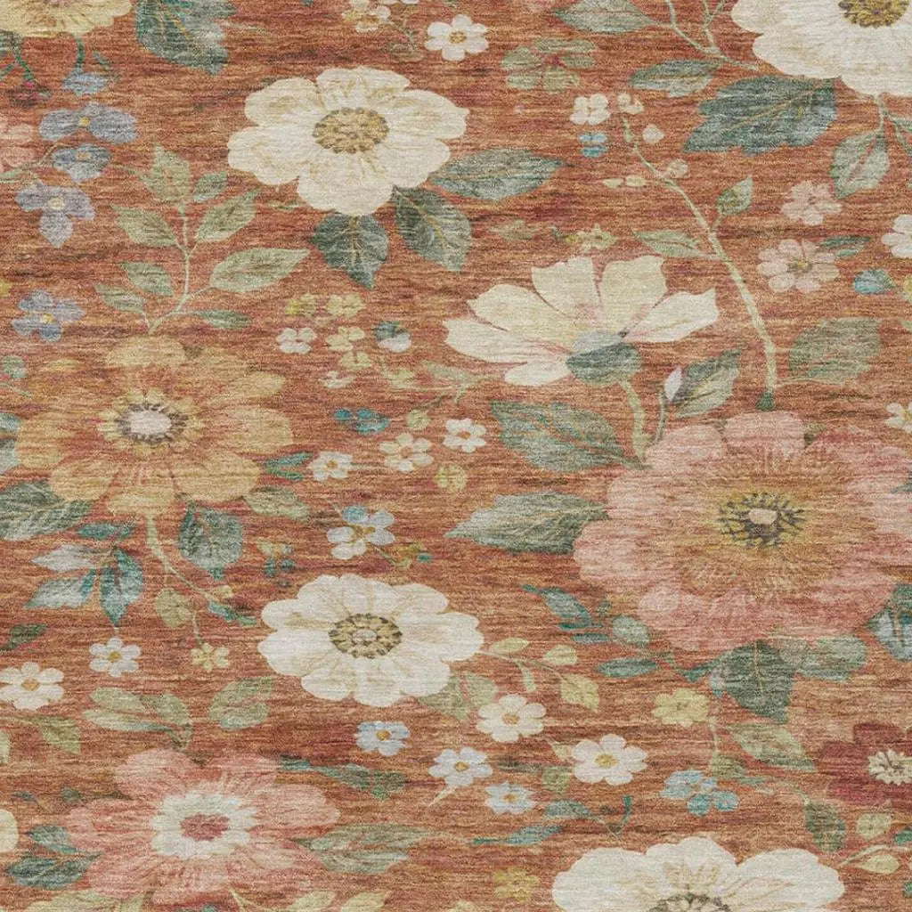 10' X 14' Orange And Beige Floral Washable Indoor Outdoor Area Rug Homeroots Outdoor
