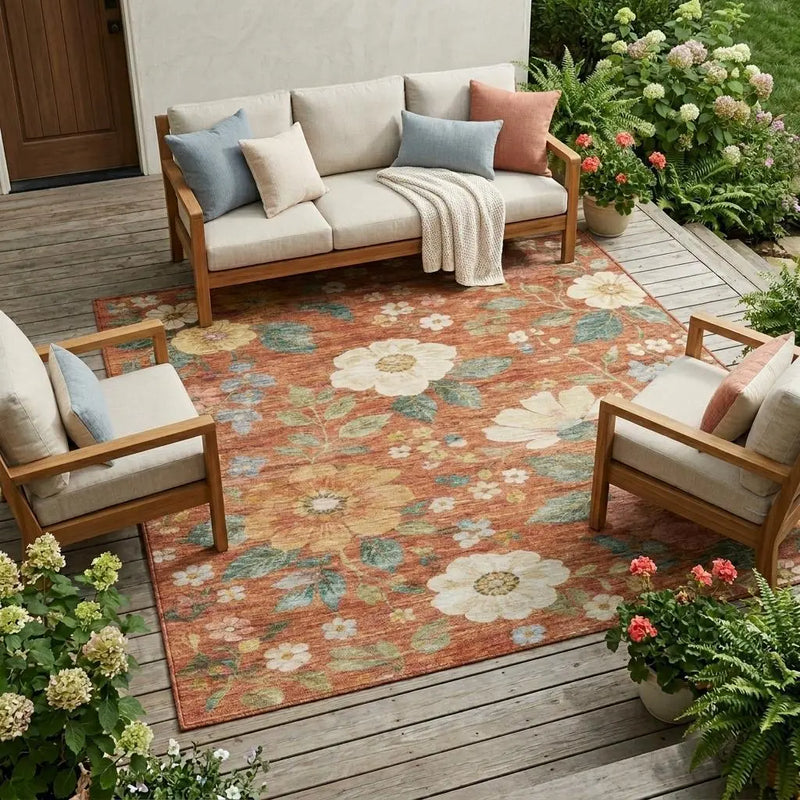 10' X 14' Orange And Beige Floral Washable Indoor Outdoor Area Rug Homeroots Outdoor