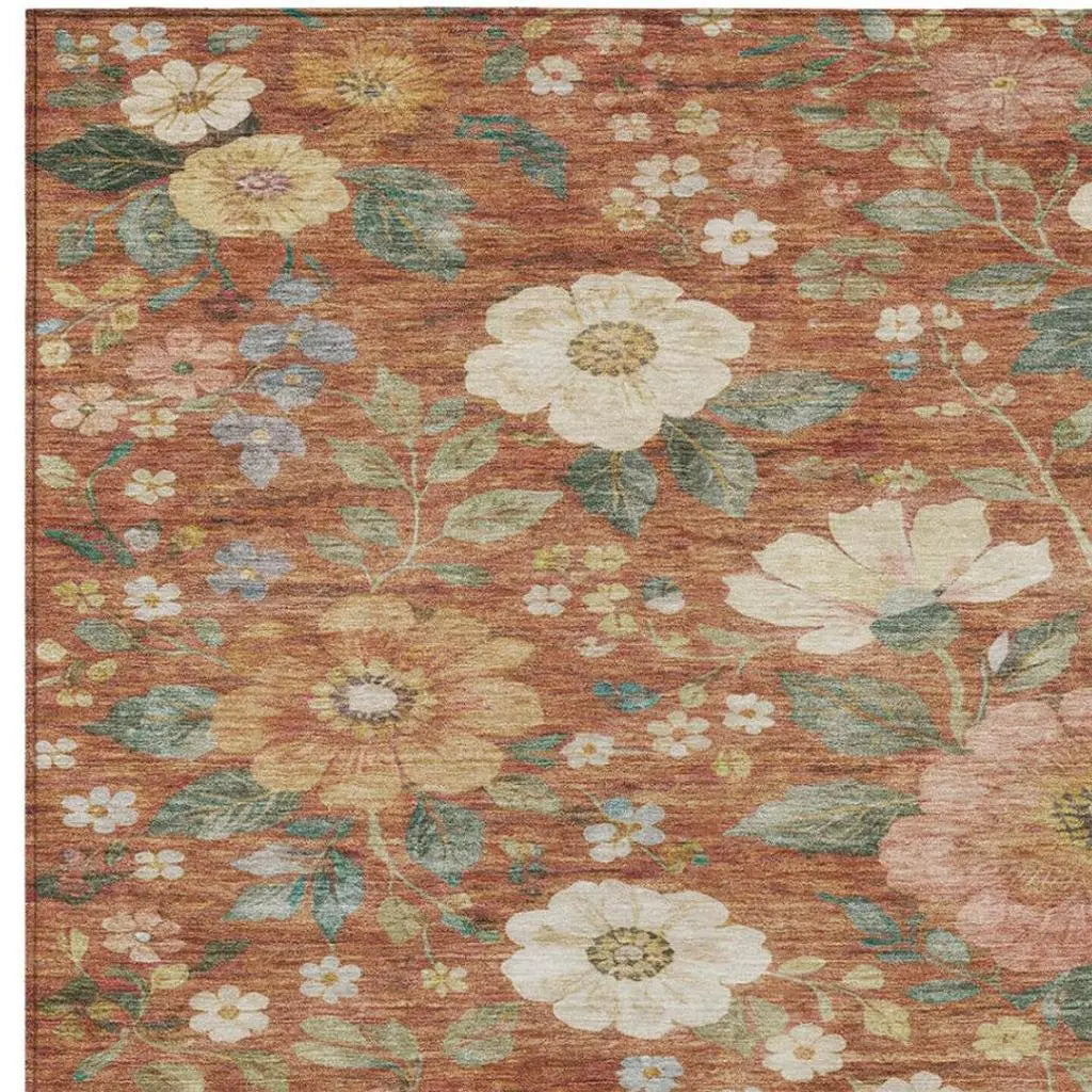 10' X 14' Orange And Beige Floral Washable Indoor Outdoor Area Rug Homeroots Outdoor